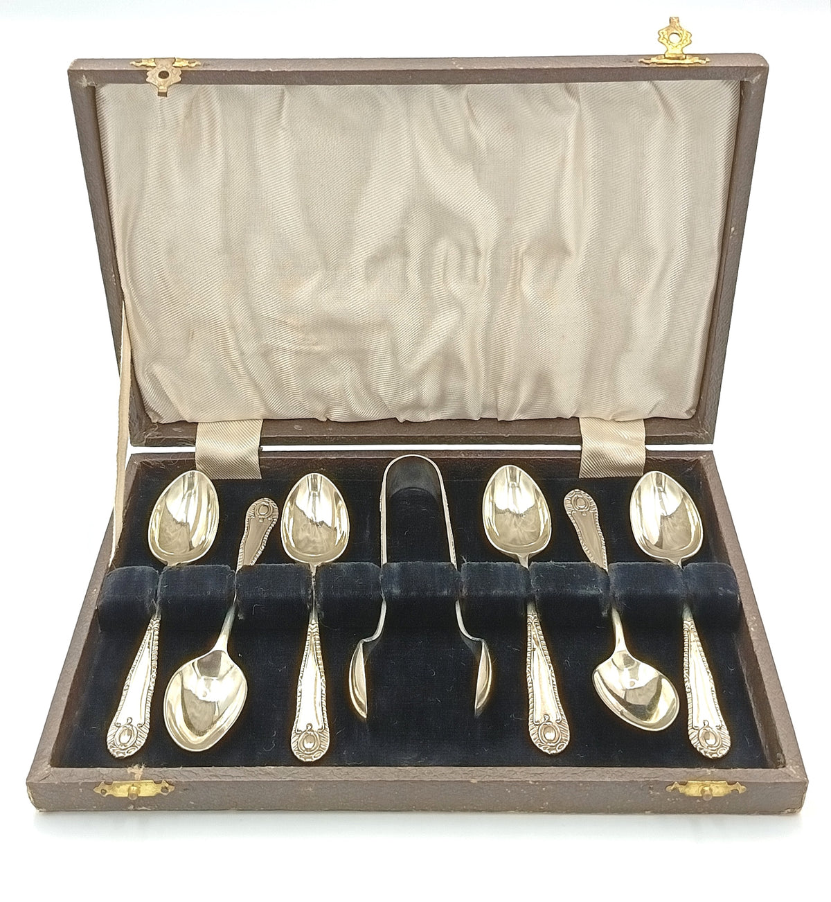EPNS | Teaspoon Set with Sugar Tongs | Seven Pieces | Original Presentation Case | Made in England | Mid-20th Century