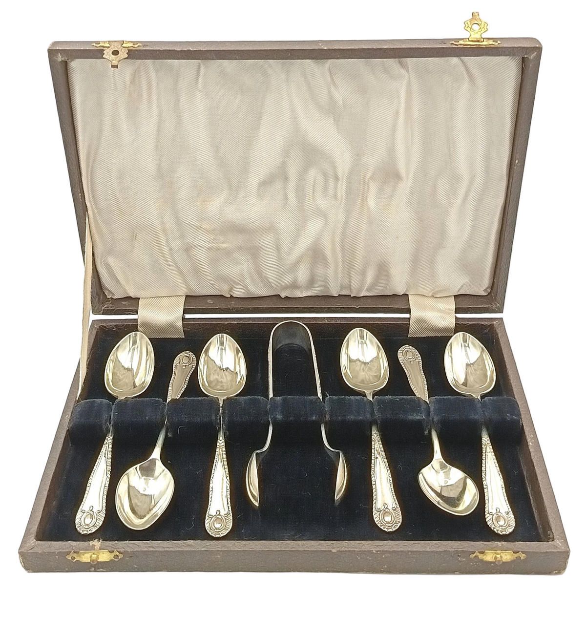 EPNS | Teaspoon Set with Sugar Tongs | Seven Pieces | Original Presentation Case | Made in England | Mid-20th Century