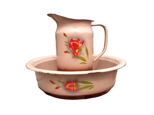Compagnie Nationale d'Émaillerie de Belgique (CNEB) | Enamelware Washbowl and Jug | Stencilled Iris Decoration | Enamelled Steel | Belgium | c.1920s–1940s
