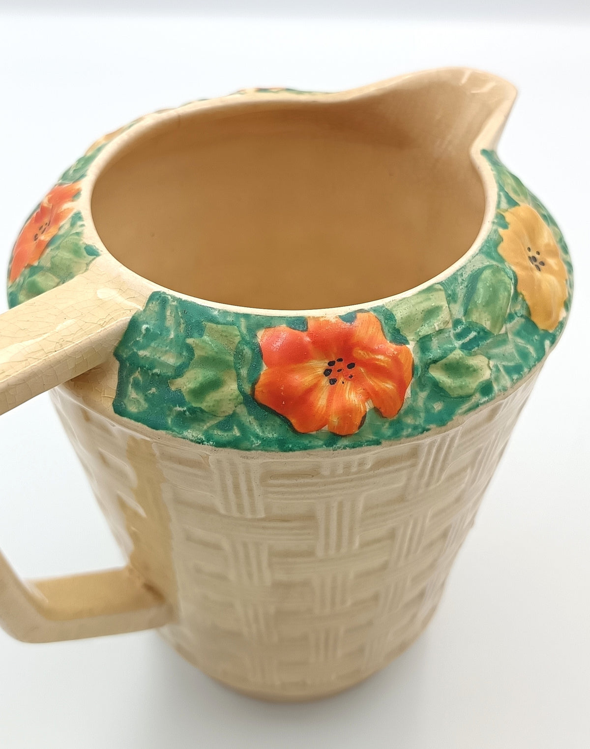 Arthur Wood | Earthenware | Basketweave Jug | Moulded Floral Collar | c.1934–1940s