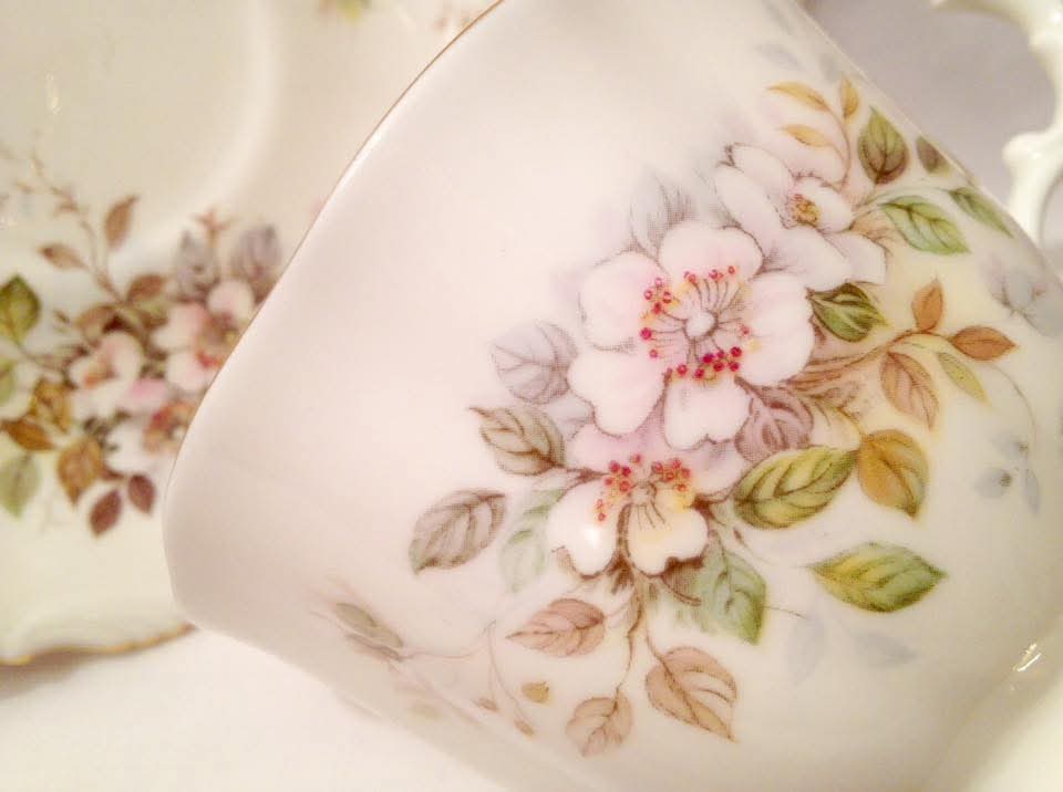 Royal Albert 'Haworth' Bone China Trios — Wild Rose Spray on White, England, © 1982 — Set of Five