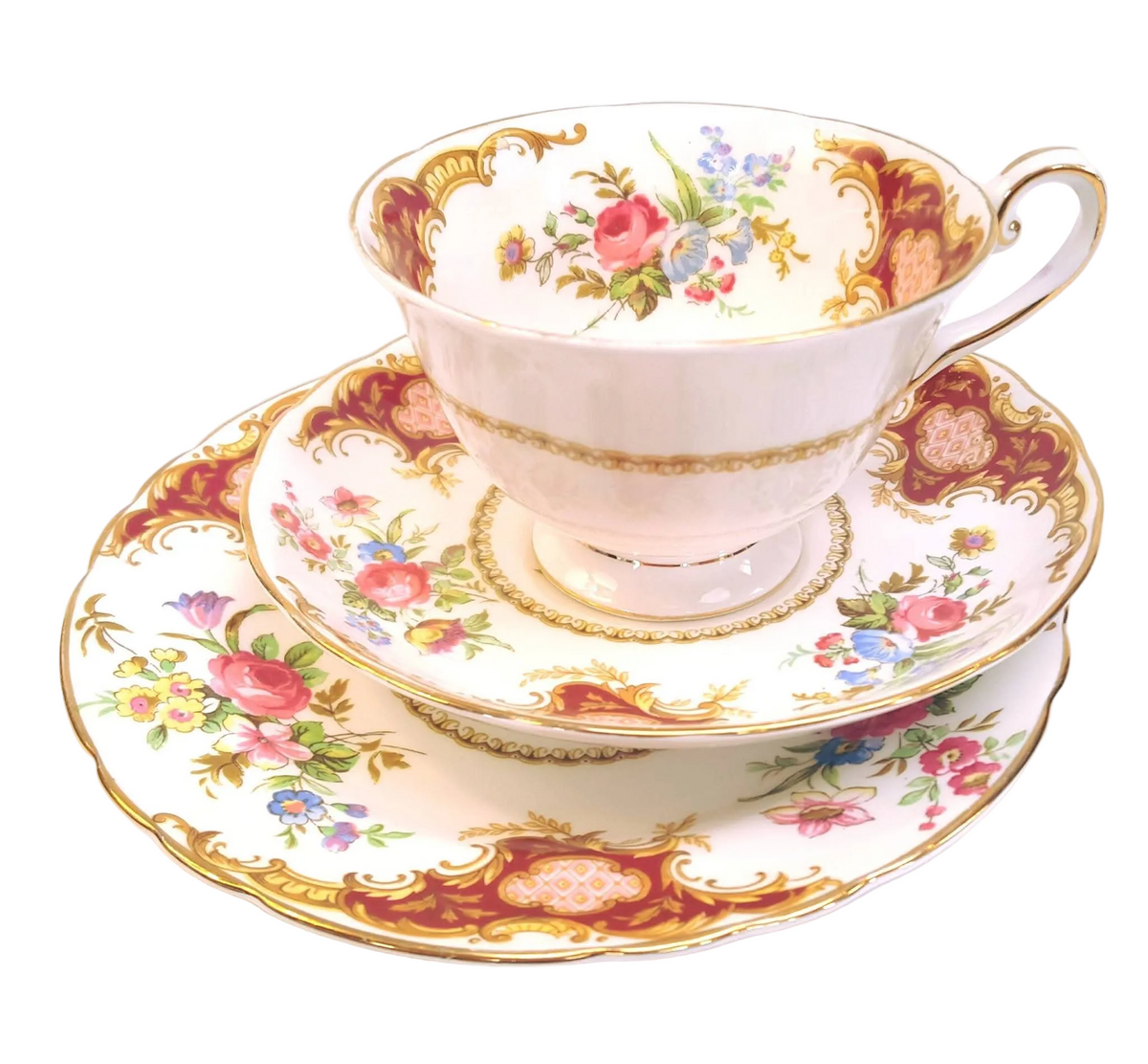 Tuscan Fine Bone China | Windsor | Trio | Cup, Saucer & Side Plate | Crimson & Gold Rococo | Circa late 1940s–1950s