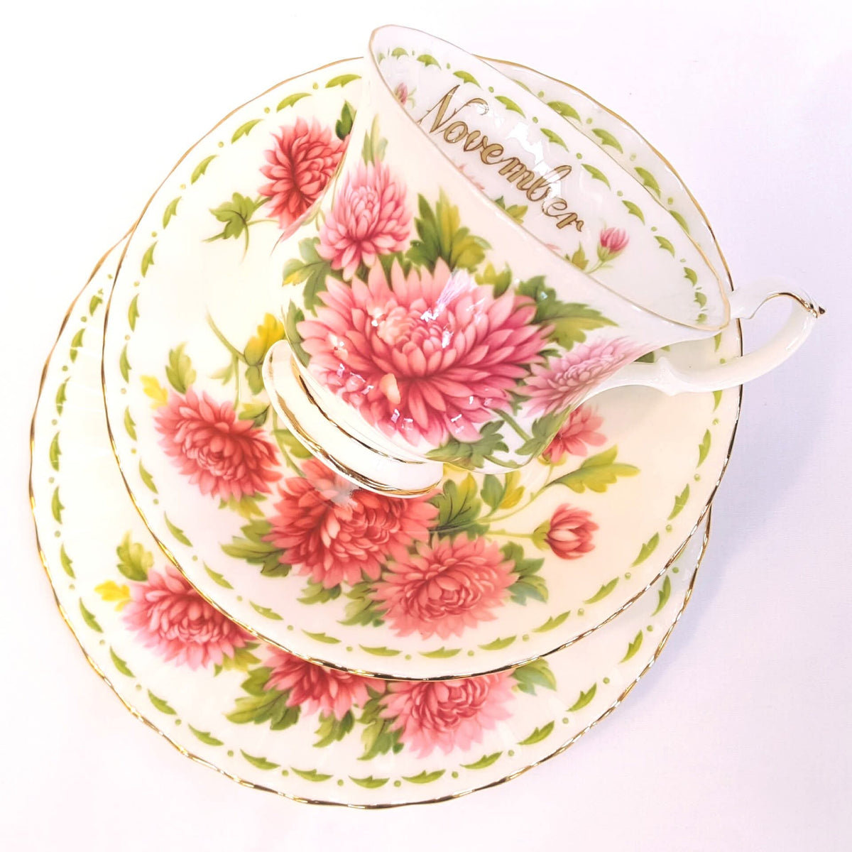 Royal Albert | Flower of the Month Series | November — Chrysanthemum | Full Trio & Miniature Duo | Bone China | England | Mint Unused Condition