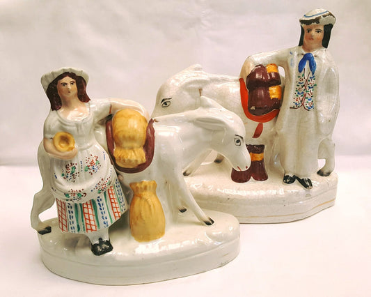 Antique Staffordshire Figurine Pair | 'Sand' & 'Beesums' Street Vendors with Donkeys | Circa Mid-1800s