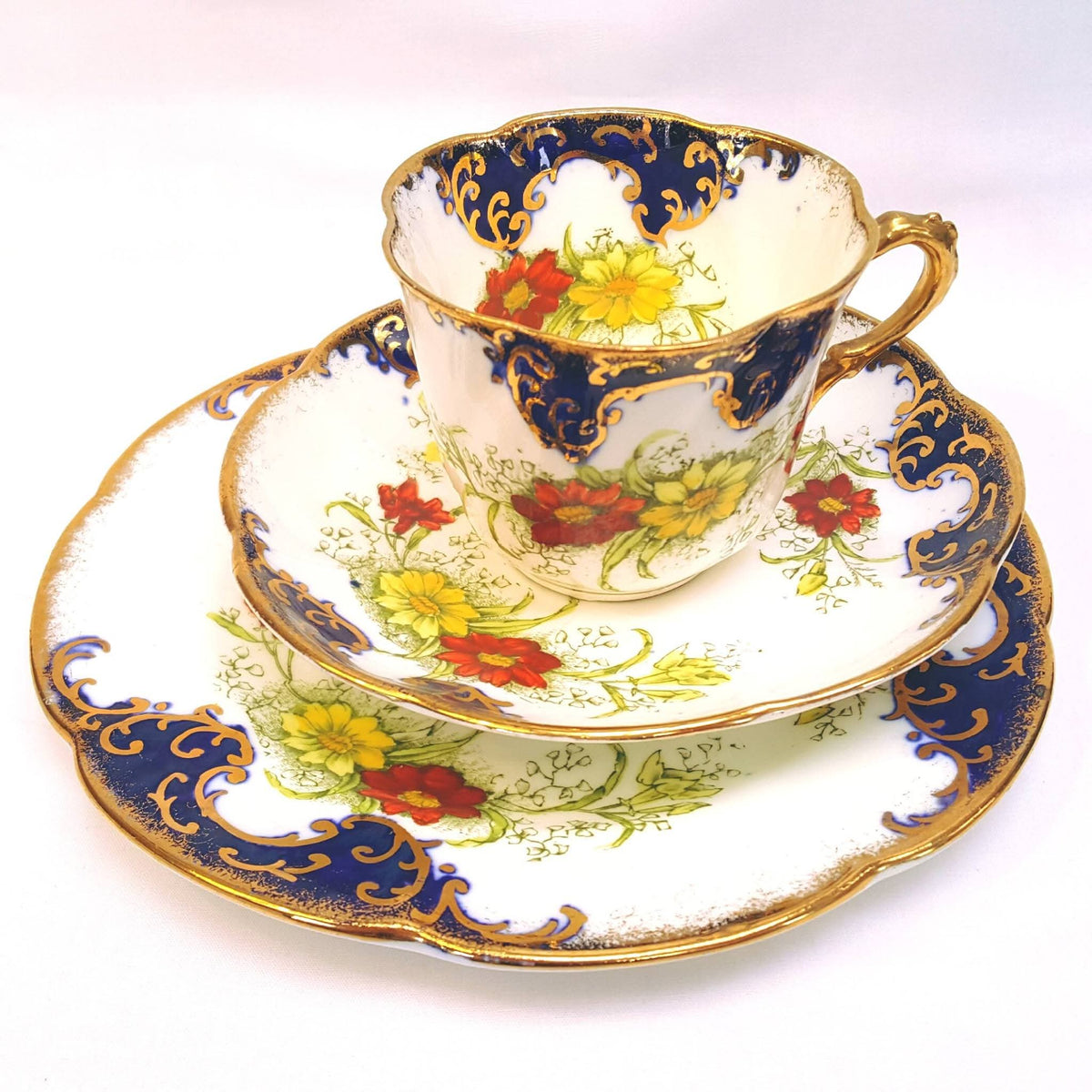 Royal Albert Crown China | 'Gem' Shape | Hand-Painted Cobalt, Gold Scrollwork & Floral Trio | Circa 1905–1907 | Mint Unused Condition