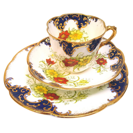 Royal Albert Crown China | 'Gem' Shape | Hand-Painted Cobalt, Gold Scrollwork & Floral Trio | Circa 1905–1907 | Mint Unused Condition