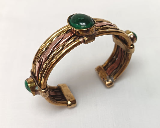 Local Artisan | One-off Design | Copper and Brass Cuff Bangle | Malachite Cabochons | Contemporary