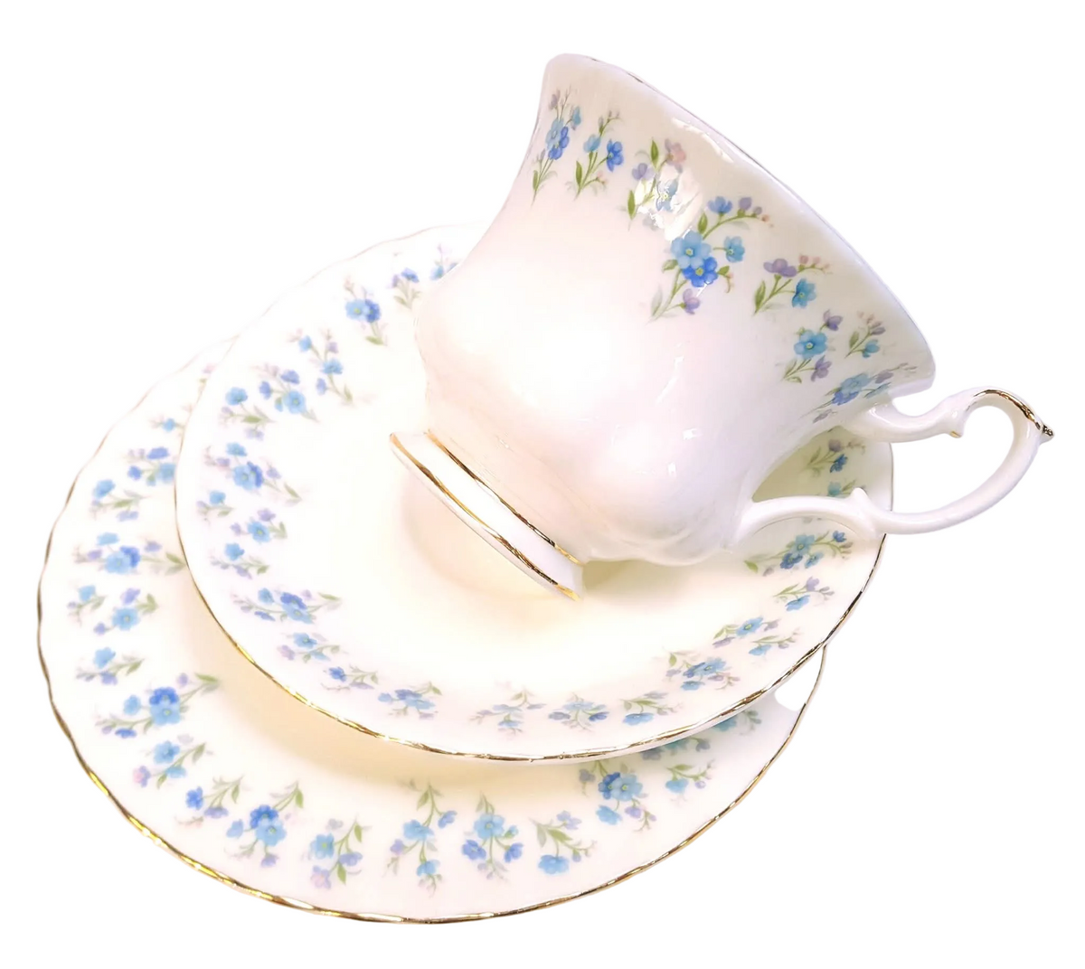 Royal Albert | 'Memory Lane' | Trio (Teacup, Saucer & Side Plate) | Forget-Me-Not Floral Spray Border | Gold Line Detail | Made in England | Good Used Condition