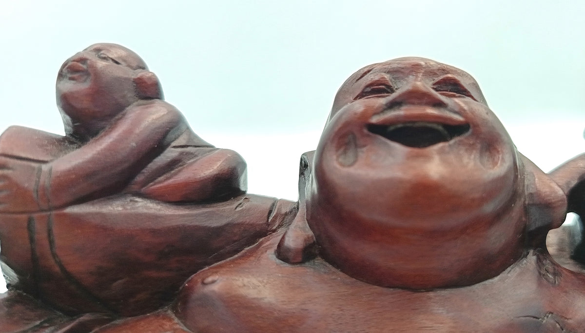 Chinese | Budai with Five Children | Hand-Carved Hardwood Figure Group | On Pierced Display Stand | 20th Century