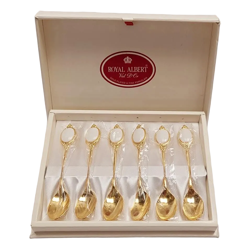 Ultra Rare Vintage Royal Albert Val D'Or Gold Plated Teaspoon Set — Complete Set of 6, Original Box, Mint Condition