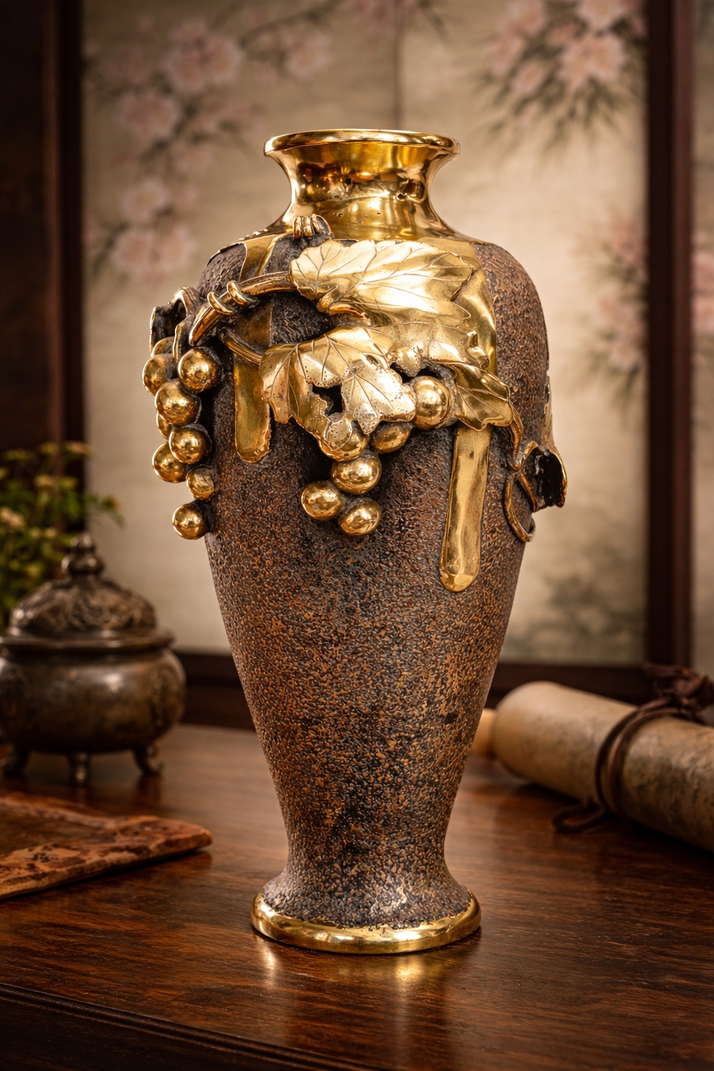 Japanese Bronze Vase | Applied Grapevine in High Relief | Meiji Period, 1868–1912