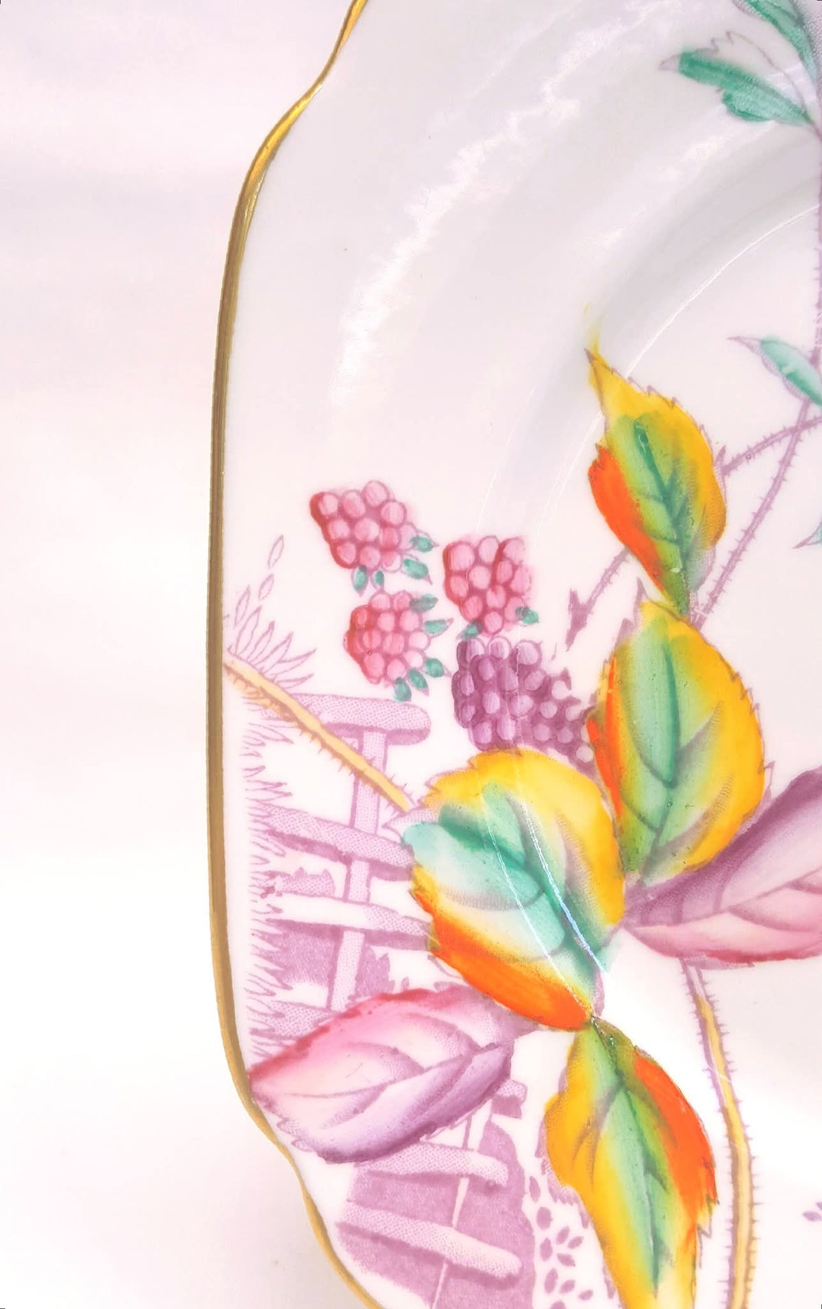 Royal Albert | 'Bramble' | Crown China Trio (Teacup, Saucer & Square Side Plate) | Autumnal Bramble & Berry Design | Registration No. 749633 | Pattern No. 8564 | Made in England | circa 1930–1932 | Mint Unused Condition