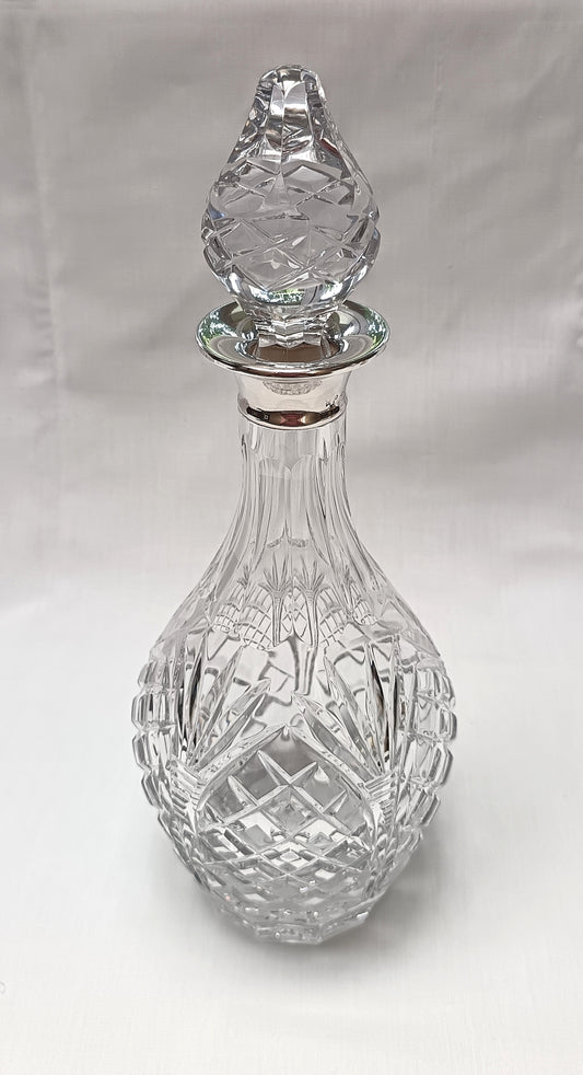 Full Lead Cut Crystal Decanter | Hallmarked Sterling Silver Collar | Maker A.C. & Sons Ltd (attributed) | London | Post-1971 | Hobnail & Fan Cut Body | Original Stopper | Excellent Condition