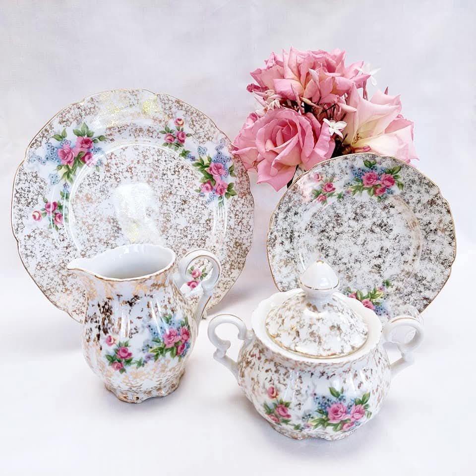 Elegant Vintage Swan China Hand-Painted Floral Tea Set with Gilded Detail