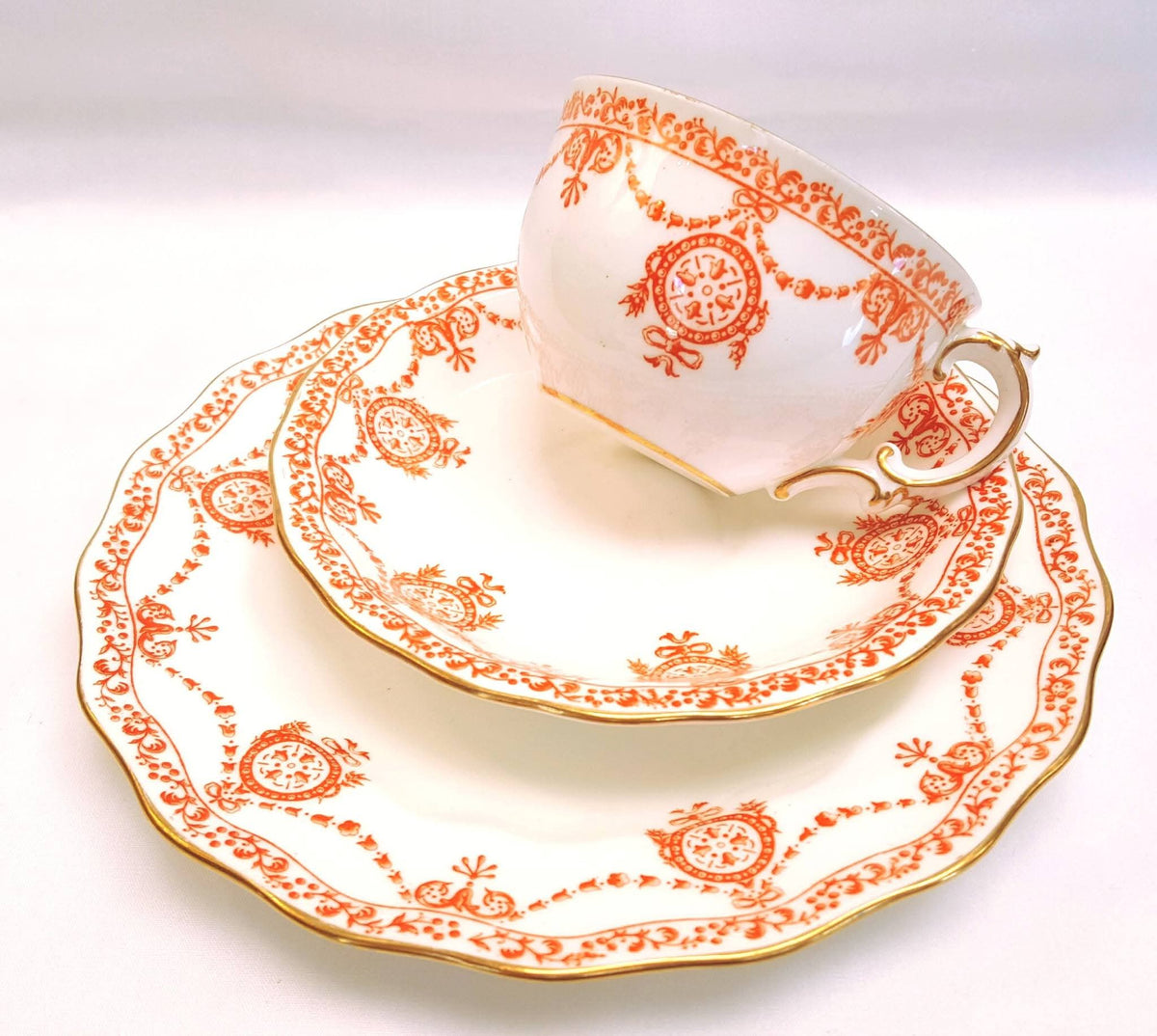 Royal Crown Derby | Neoclassical Swag & Medallion | Large Cake Plate & Two Trios | Circa 1895