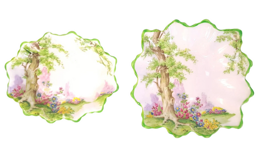 Royal Albert | Greenwood Tree | Pair of Pin / Nut Dishes — Oval & Square Forms | Reg. No. 774783 | Crown China | Circa 1934–35 | Very Good Condition