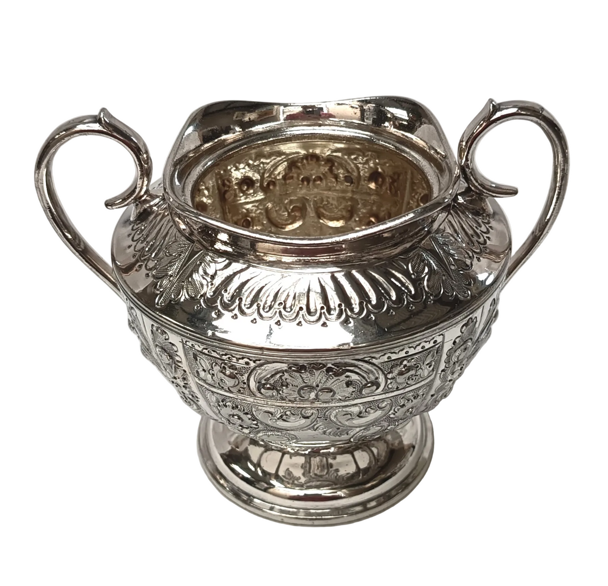 Mappin & Webb | Electro Britannia Metal Silver Plate | Three-Piece Tea Service | Teapot, Milk Jug & Open Sugar Bowl | Repousse Floral & Acanthus Decoration | Gilt Interiors | Sheffield | Registration No. 12425 | Very Good Antique Condition