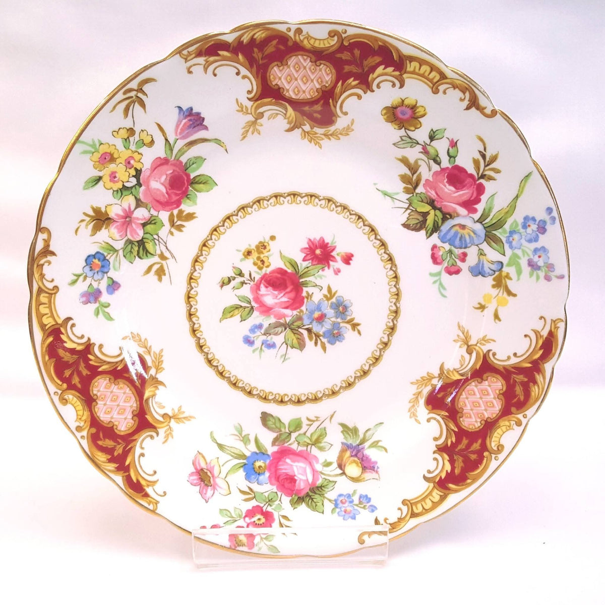 Tuscan Fine Bone China | Windsor | Trio | Cup, Saucer & Side Plate | Crimson & Gold Rococo | Circa late 1940s–1950s