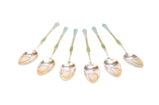 Turner & Simpson, Birmingham | Set of Six Sterling Silver and Plique-à-jour Enamel Teaspoons | Hallmarked Birmingham 1927 | Original Fitted Case | Excellent Condition