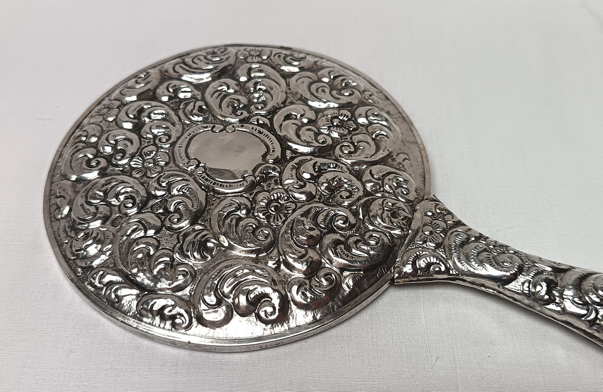 Antique 900 Sterling Silver Turkish Handheld Mirror – Repoussé Floral Scrolls