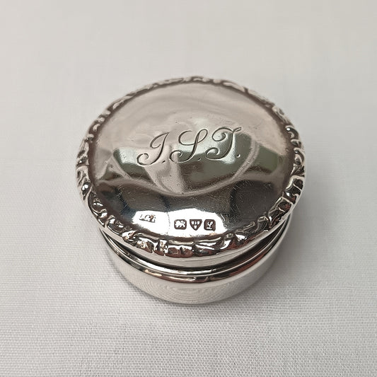 Sterling Silver | Lidded Pill Box | Gilt Interior | Engraved Monogram J.S.J. | Hallmarked England