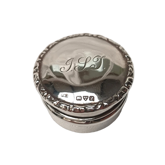 Sterling Silver | Lidded Pill Box | Gilt Interior | Engraved Monogram J.S.J. | Hallmarked England