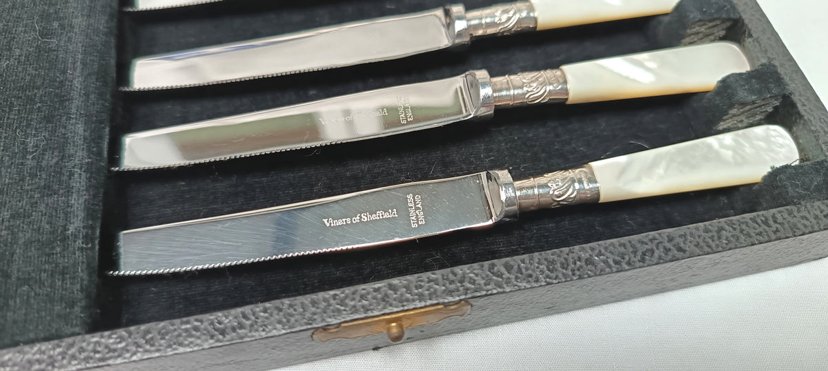 Viners of Sheffield | Six Fruit Knives | Mother-of-Pearl Handles | Sterling Silver Cuffs | Cased | c.1920s–1930s