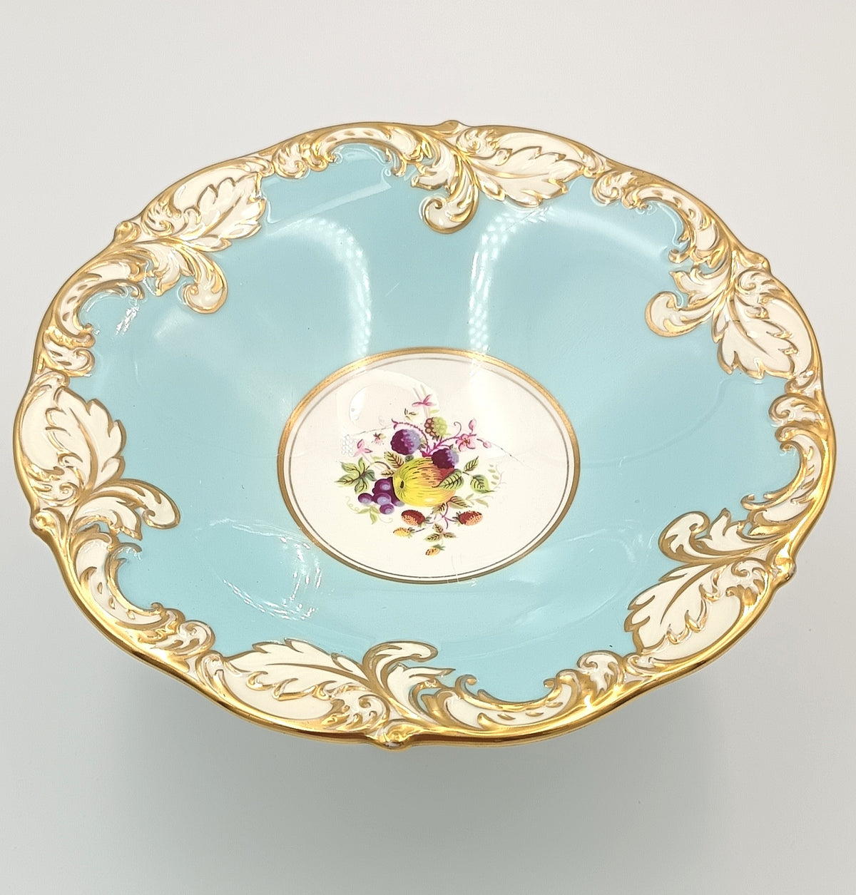 Paragon | Fine Bone China | Tazza | Turquoise Ground with Hand-Painted Fruit Centre | Rococo Revival | c.1952–1960