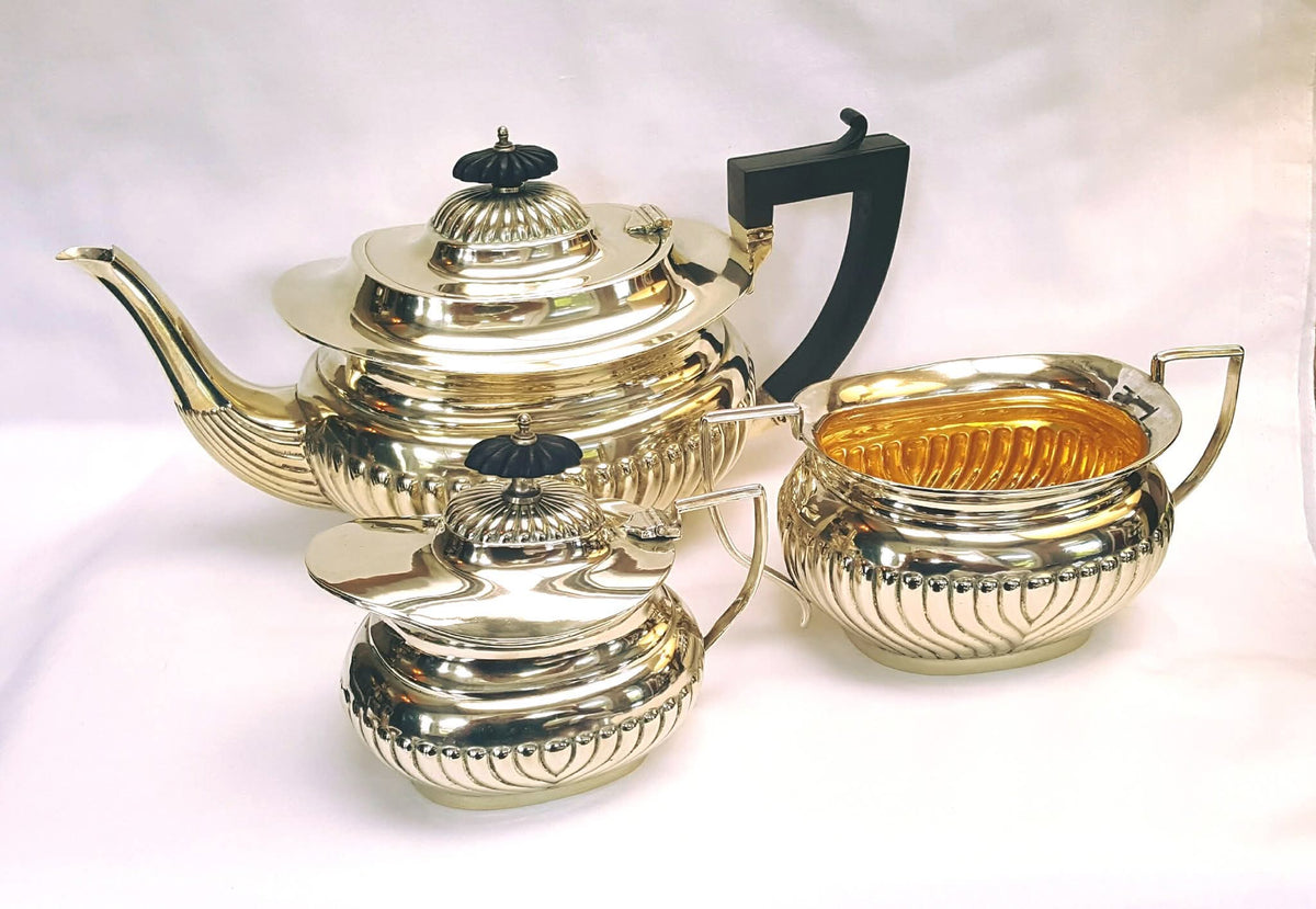 Antique Victorian Silver Plated 3-Piece Reeded Tea Set | Gilded Interiors | Teapot, Lidded Milk Jug & Sugar Bowl | Excellent Condition