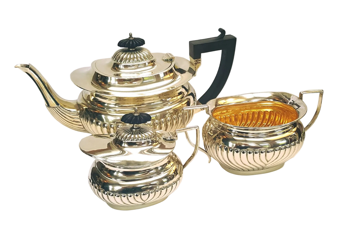 Antique Victorian Silver Plated 3-Piece Reeded Tea Set | Gilded Interiors | Teapot, Lidded Milk Jug & Sugar Bowl | Excellent Condition