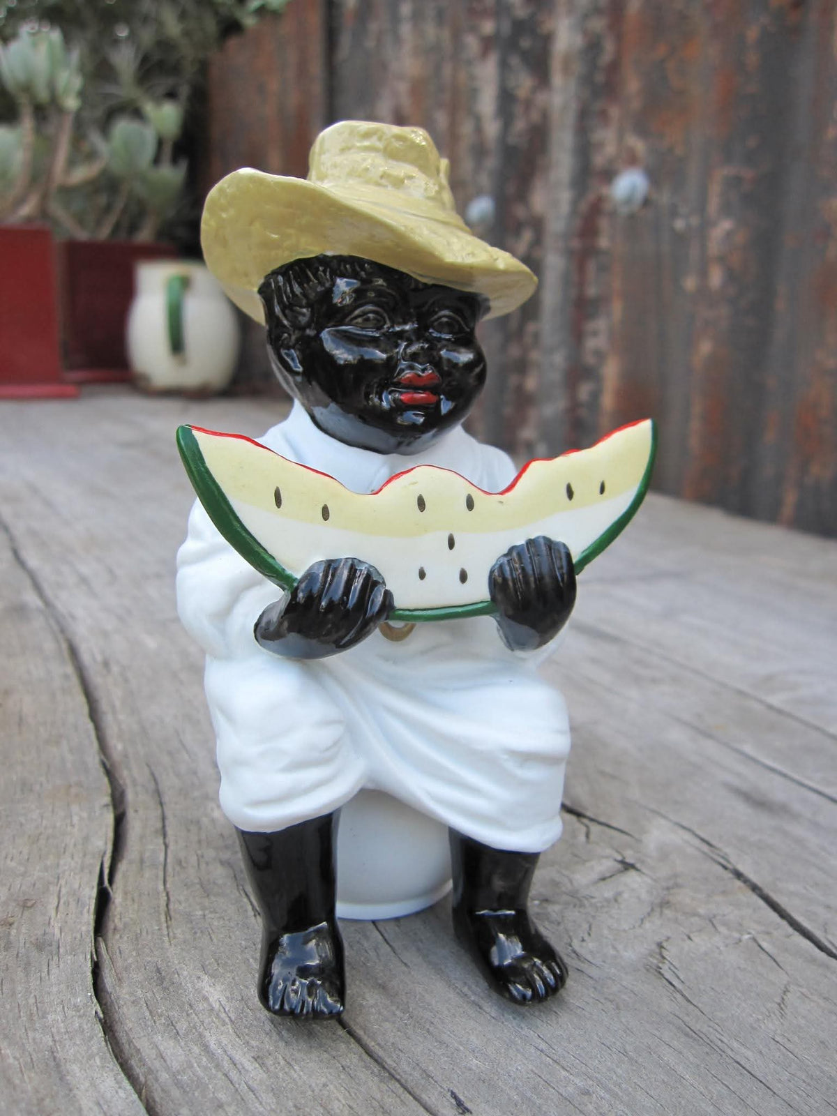 Occupied Japan | Black Americana Caricature Figure | Seated Figure with Watermelon | Porcelain | 1945–1952