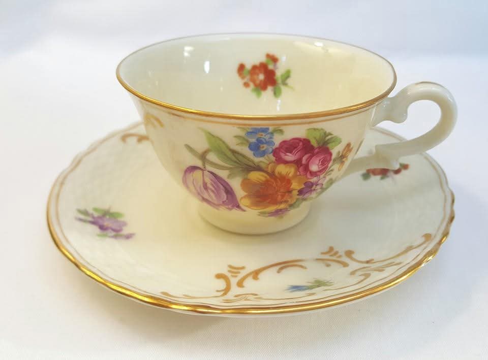 EPIAG | Scattered Flowers with Gilt Rococo Scrollwork | Demitasse Trio | Porcelain | Czechoslovakia | c.1920s–1930s