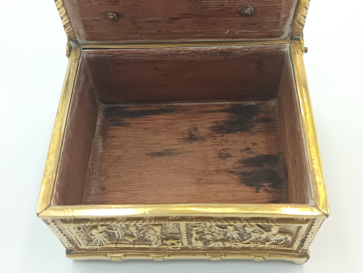 Embossed Brass Jewellery Casket | Medieval Revival Figural Panels | Cedar-Lined Interior | European, Late 19th–Early 20th Century