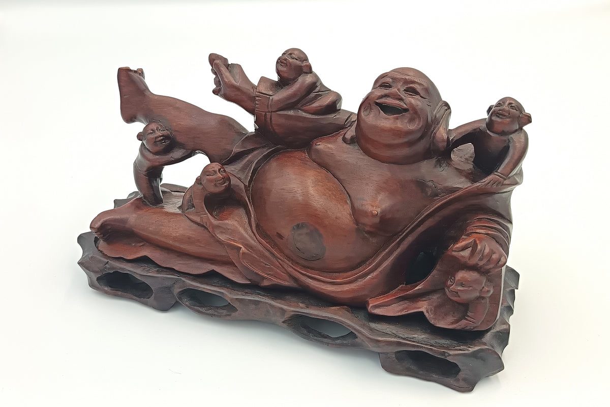 Chinese | Budai with Five Children | Hand-Carved Hardwood Figure Group | On Pierced Display Stand | 20th Century
