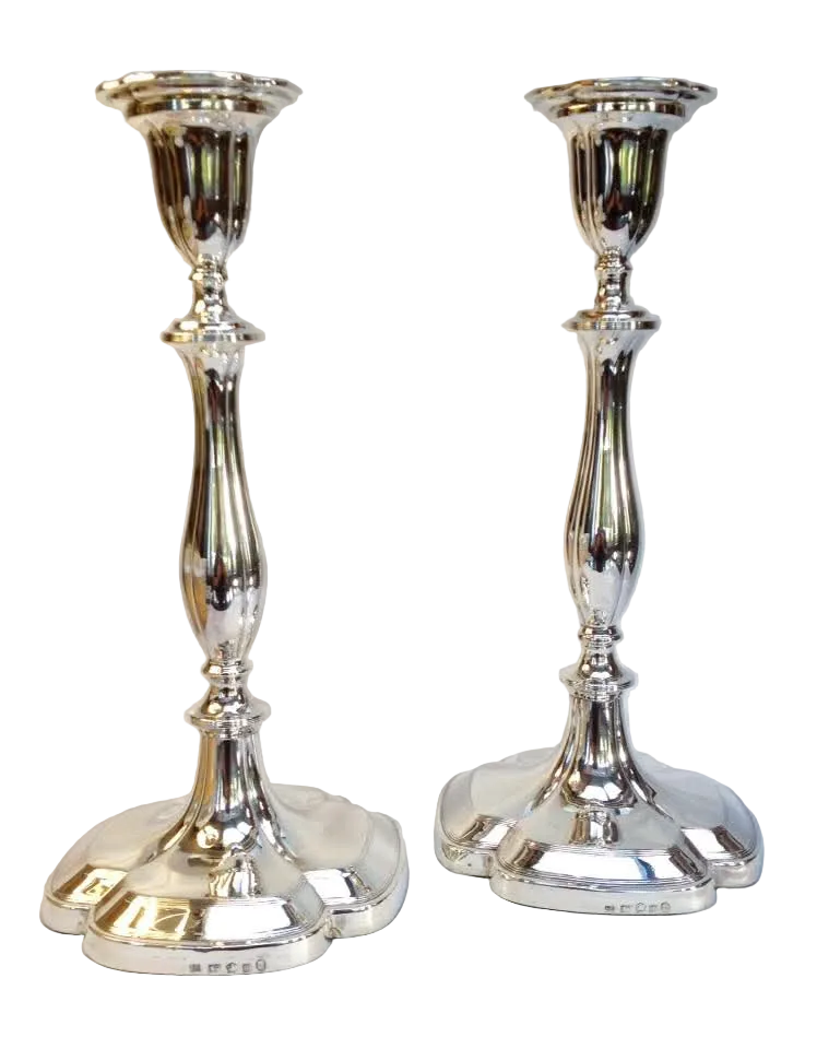 Pair of Sterling Silver Candlesticks — Baluster Column on Quatrefoil Base — Sheffield 1834, L P & Co — William IV