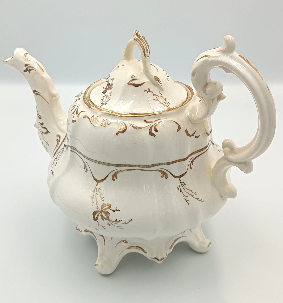 Victorian | White Earthenware | Footed Teapot | Hand-Painted Gilt Rococo Revival Decoration | c.1840–1870 | Pattern No. 1398