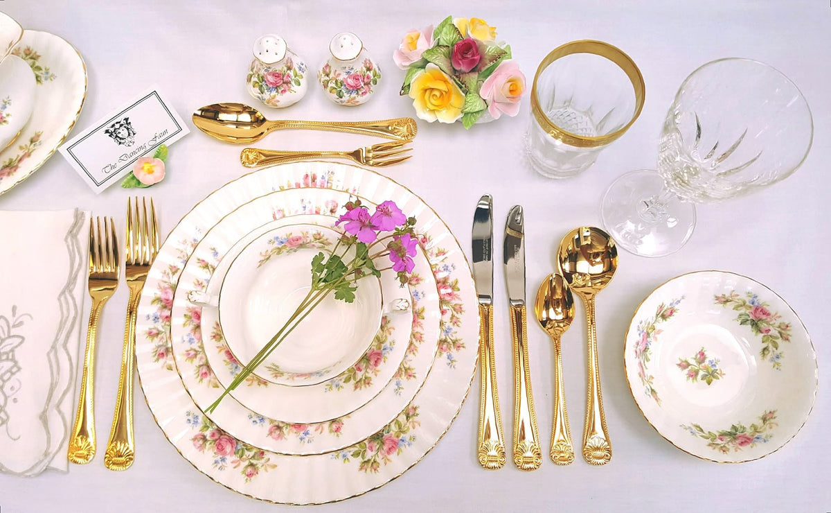 Royal Albert | Moss Rose | 47-Piece Dinner Service | Scalloped Form | Rope-Twist Gilt Edge | All Serving Pieces Intact | Mint Condition