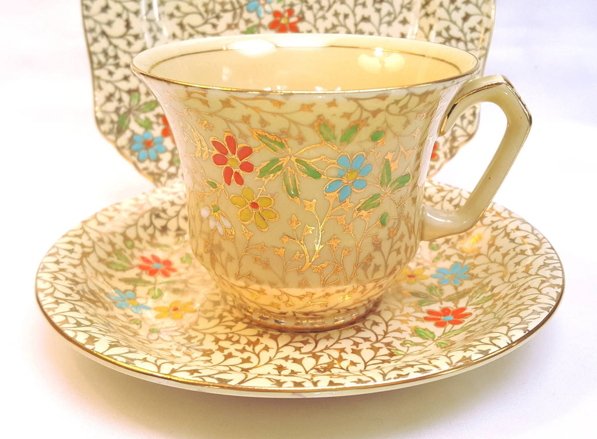 Grimwades Royal Winton | Gold Lace Ground with Polychrome Enamel Flowers | One Trio | Circa 1930–1934