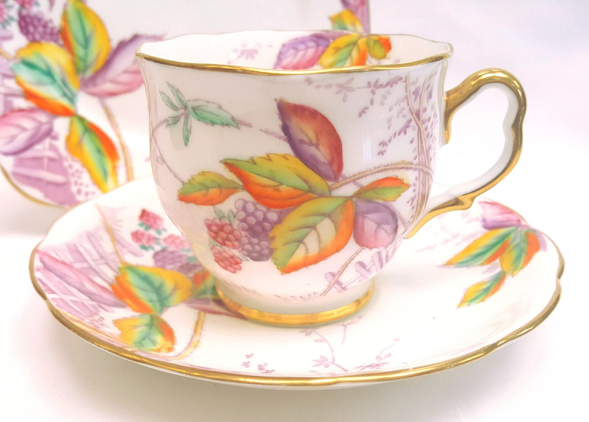 Royal Albert | 'Bramble' | Crown China Trio (Teacup, Saucer & Square Side Plate) | Autumnal Bramble & Berry Design | Registration No. 749633 | Pattern No. 8564 | Made in England | circa 1930–1932 | Mint Unused Condition