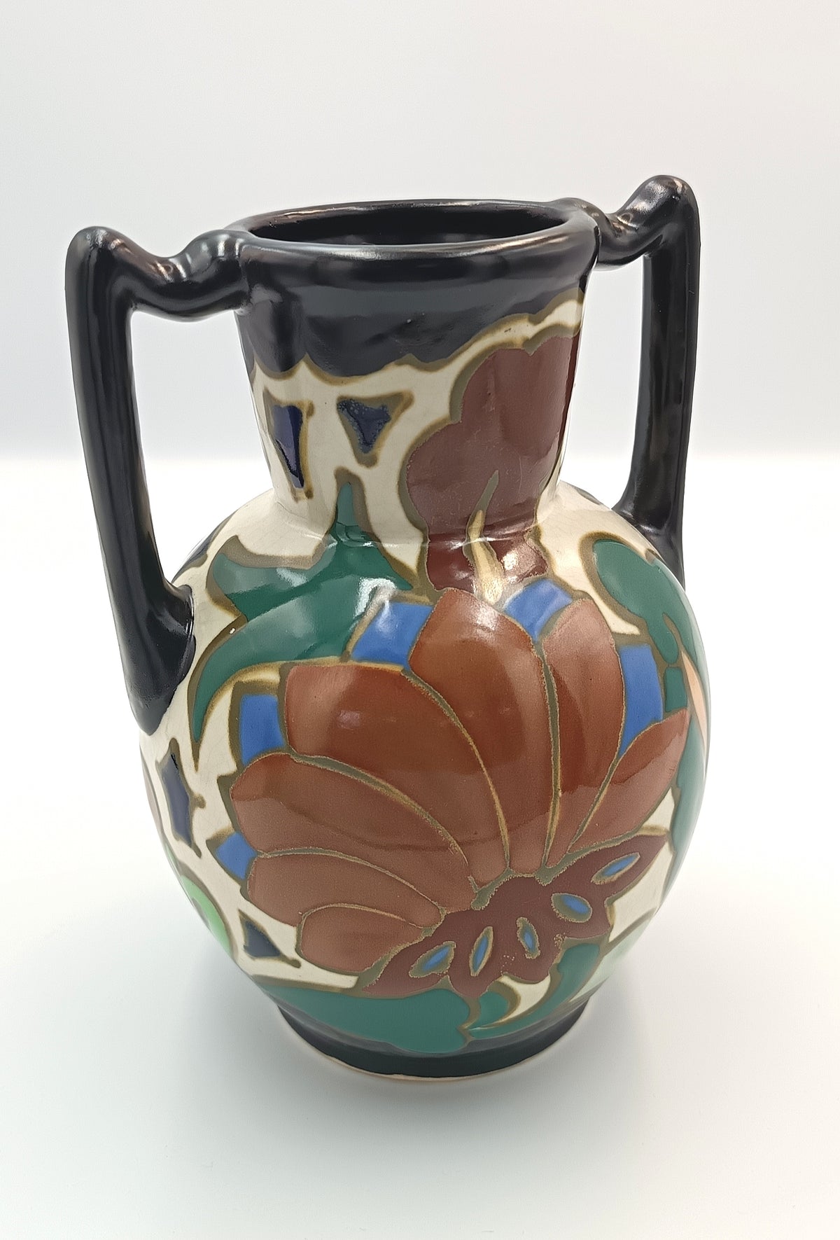 Japanese Export Art Pottery Vase | Gouda-Style Decoration | Twin Handles | Earthenware | circa 1920s–1930s