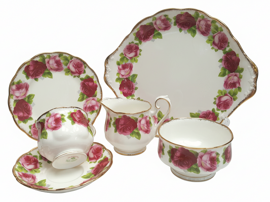 Royal Albert Old English Rose Bone China Part Tea Set — 6 Trios, Milk Jug, Sugar Basin & Cake Plate, England, Excellent Condition