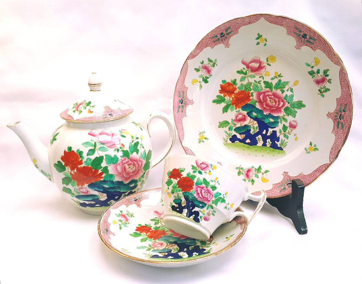 Booths | Mandarin | Six-Cup Teapot & Two Trios | Transferware Chinoiserie with Hand-Applied Colour | Circa 1906