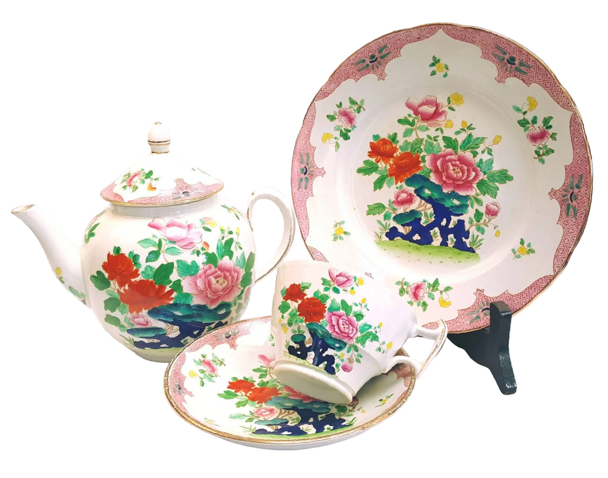 Booths | Mandarin | Six-Cup Teapot & Two Trios | Transferware Chinoiserie with Hand-Applied Colour | Circa 1906