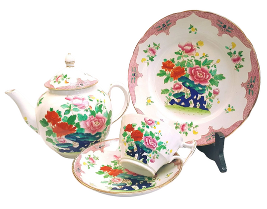 Booths | Mandarin | Six-Cup Teapot & Two Trios | Transferware Chinoiserie with Hand-Applied Colour | Circa 1906