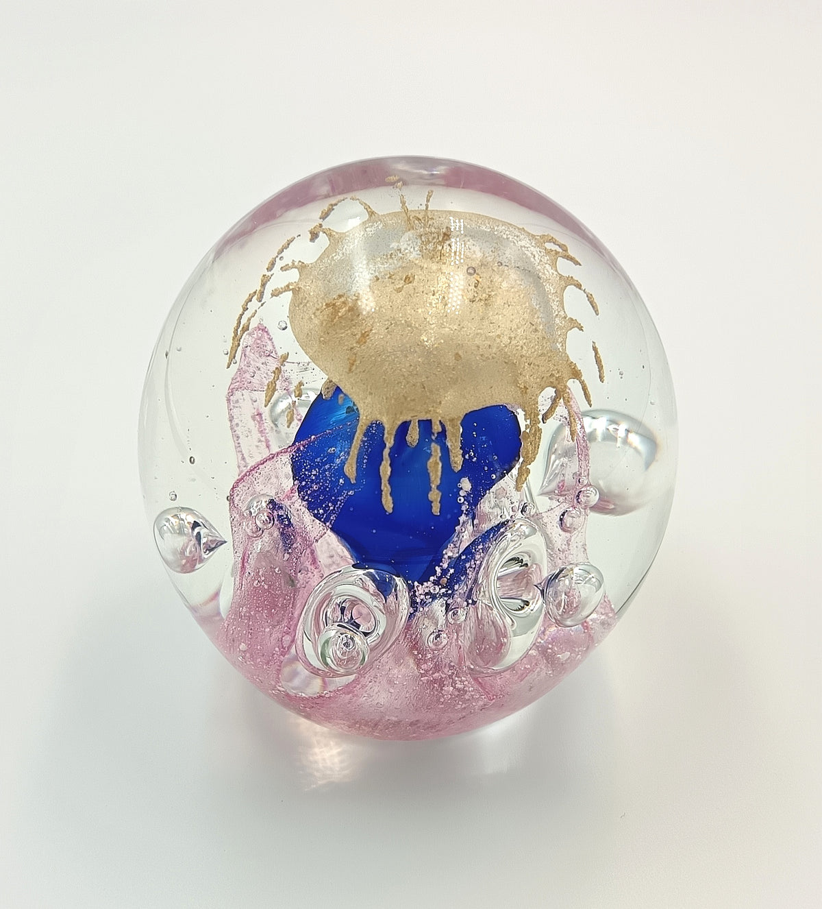 Hand-Blown Studio Glass Paperweight | Pink, Cobalt Blue & Gold Aventurine | Internal Bubble & Scroll Decoration | Unattributed | 20th Century