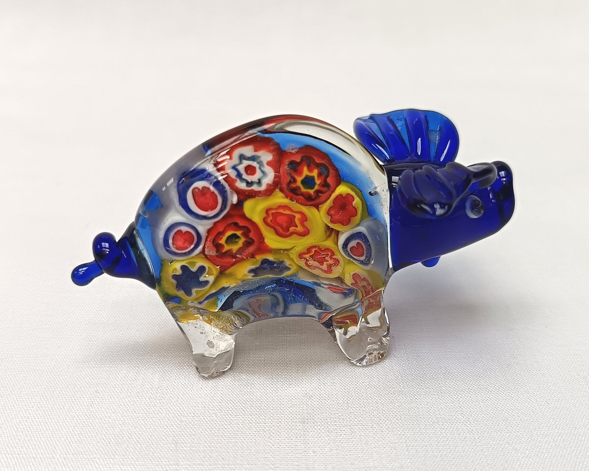 Murano-Style | Millefiori Art Glass | Pig Figurine | Cobalt Blue & Clear | Vintage