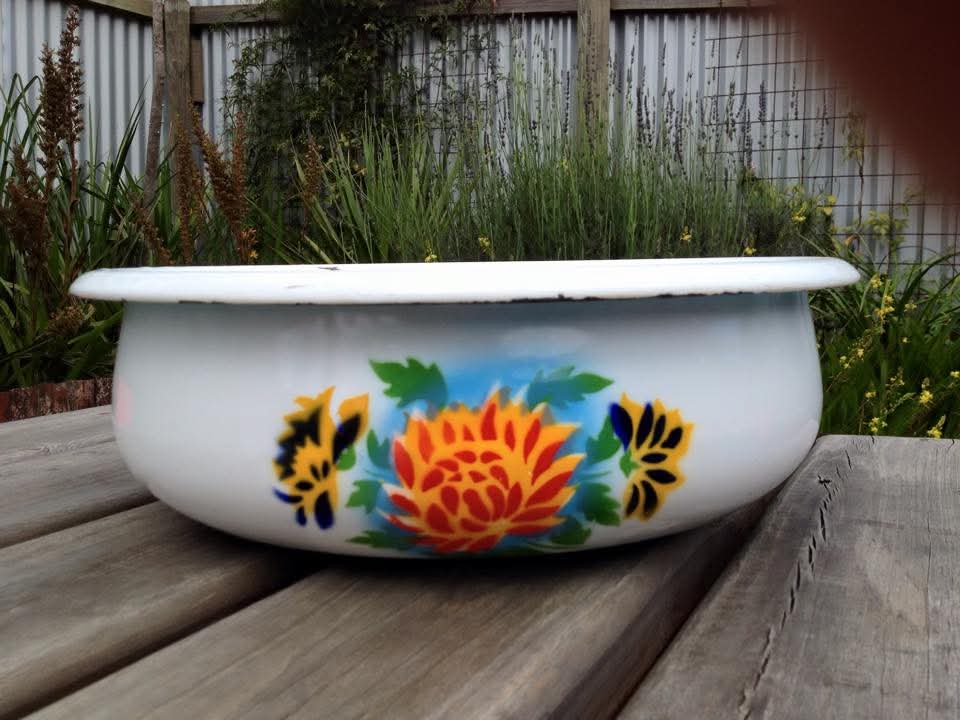 Enamelware Washbowl and Jug | Stencilled Floral Decoration | Enamelled Steel | Mid-to-Late Twentieth Century