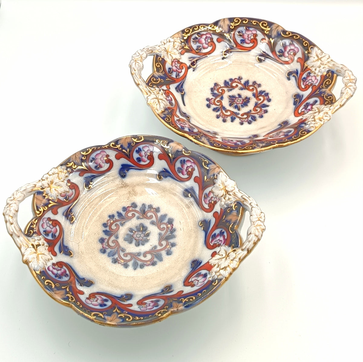 Staffordshire Earthenware | Imari Palette | Pair of Footed Dessert Compotes with Grape & Vine Handles | Pattern 6/2270 | England, c.1840–1865