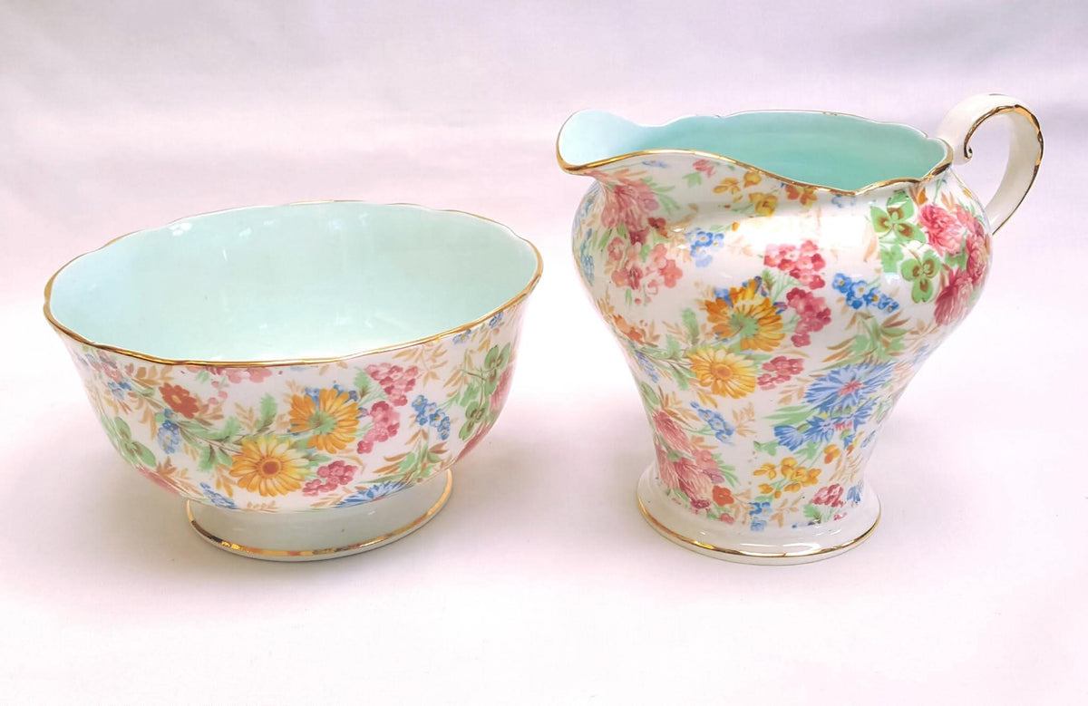 Aynsley | 'Summer Chintz' Pattern C802 | Part Tea Service — Three Trios, Milk Jug & Sugar Bowl | Bone China | Circa 1940s | Excellent Condition