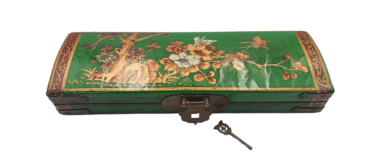 Chinese | Lacquered Wood | Document Box with Pin Closure | Floral and Butterfly Decoration | China | Late 20th Century